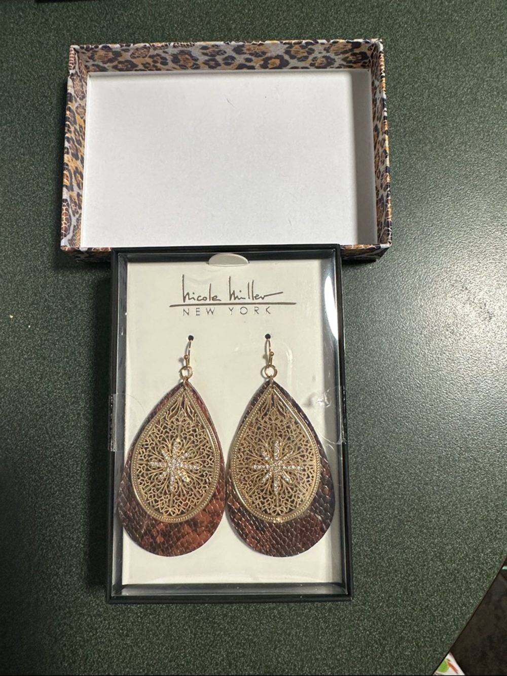 Nicole Miller Gold Filigree Teardrop Earrings with Rose Gold Center Flower NIB